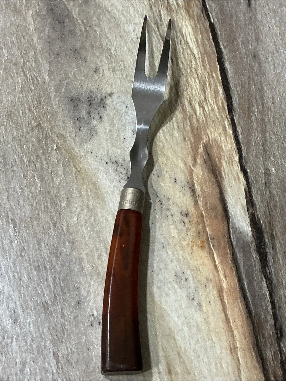 Vintage Brown Bakelite Handle Stainless Steel 2 Tine Meat Carving Fork 10” MCM